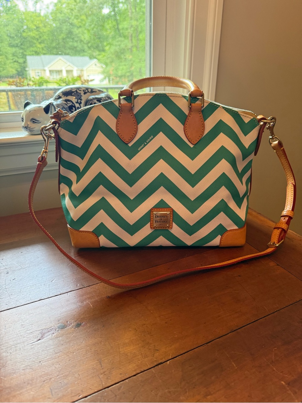 Dooney & Bourke Teal and White Chevron Crossbody Satchel with Tan Trim